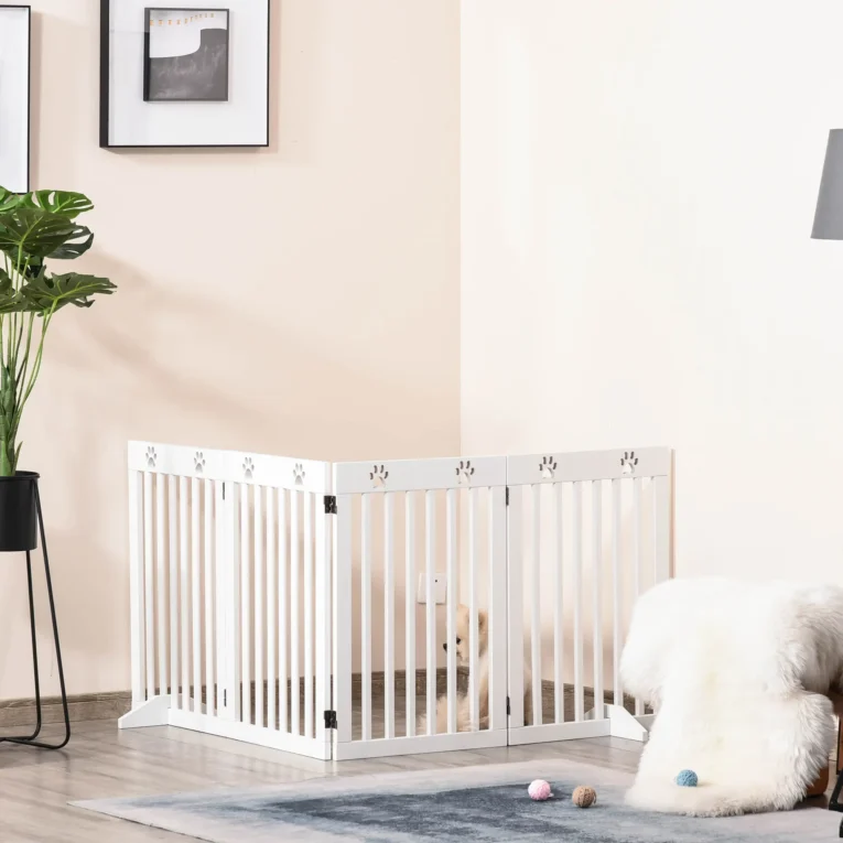 Four-Panel Freestanding Pet Barrier with Support Feet – White