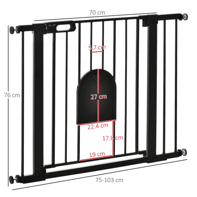 Dog Gate with Cat Flap and Two Extensions – Black, 75–103cm Dog Gate with Cat Flap and Two Extensions – Black, 75–103cm