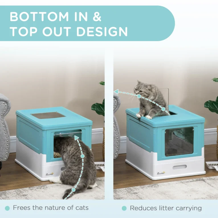 Folding Hooded Cat Litter Box with Scoop – Light Blue
