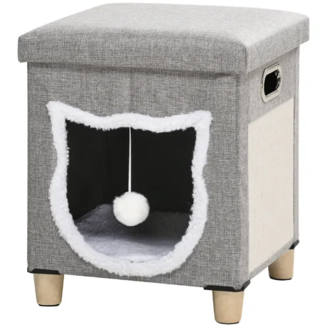 2-in-1 Cat Bed Ottoman with Cushion and Scratching Pad &ndash; Cream white and grey