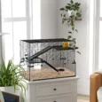 Three-Level Hamster Cage with Glass Base – Black, 76.5 × 48.5 × 54.5cm