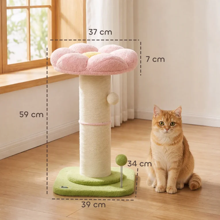 Flower Cat Scratching Post with Padded Perch – Pink, 59cm