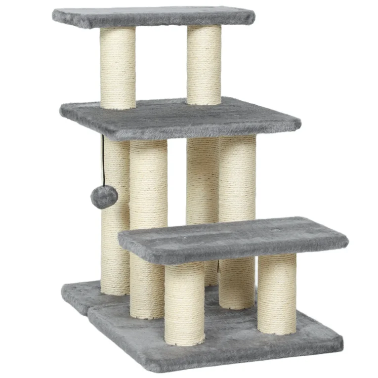 Three-Step Pet Stairs with Sisal Posts and Adjustable Top – Grey