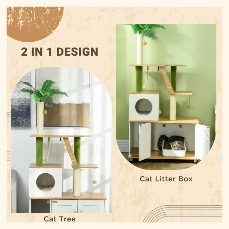 Cat Litter Cabinet with Climbing Tree and Scratching Posts – Oak and Cream Cat Litter Cabinet with Climbing Tree and Scratching Posts – Oak and Cream