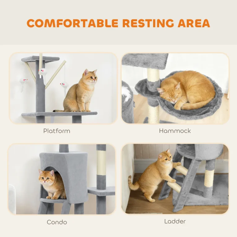 Multi-Level Cat Tower with Hammock and Ladder – Grey, 134cm Multi-Level Cat Tower with Hammock and Ladder – Grey, 134cm