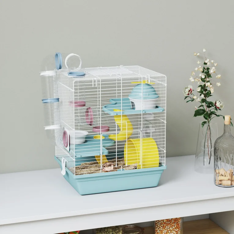 3-Level Hamster Cage with Wheel and Tunnel – Blue
