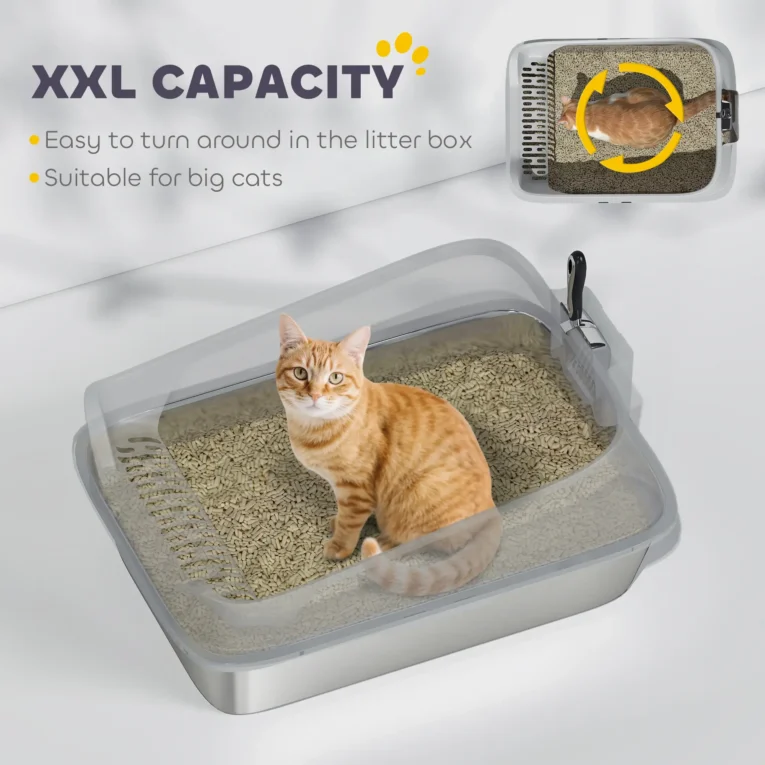 XXL High-Sided Steel Cat Litter Tray with Scoop – Grey, 70cm XXL High-Sided Steel Cat Litter Tray with Scoop – Grey, 70cm