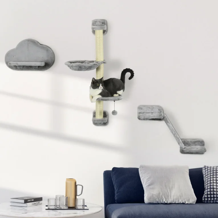 Wall-Mounted Cat Shelf Set with Hammock and Ladder – Grey