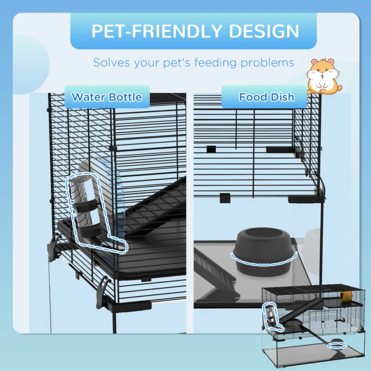 Three-Level Hamster Cage with Glass Base – Black, 76.5 × 48.5 × 54.5cm