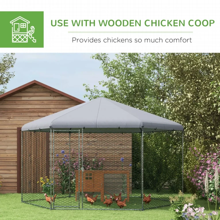 Hexagonal Chicken Run with Covered Roof – Silver