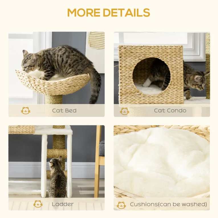 Natural-Finish Cat Tower with Den, Bed and Ladder – 100cm
