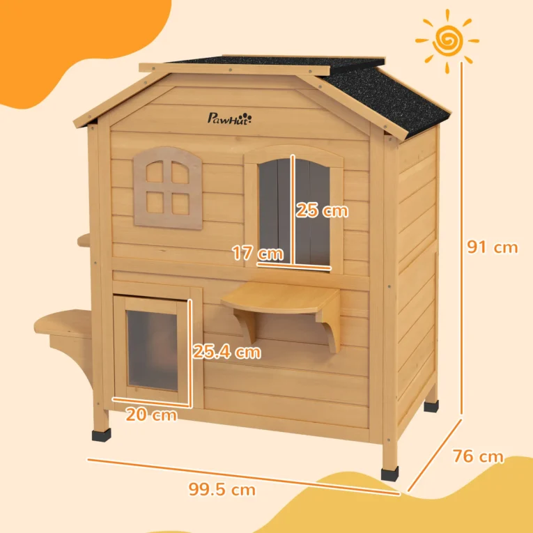 Two-Storey Wooden Cat House with Opening Roof – Natural