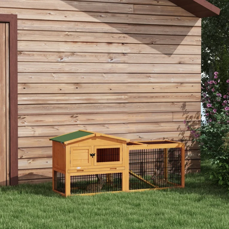 Wooden Rabbit Hutch with Outdoor Run – Yellow