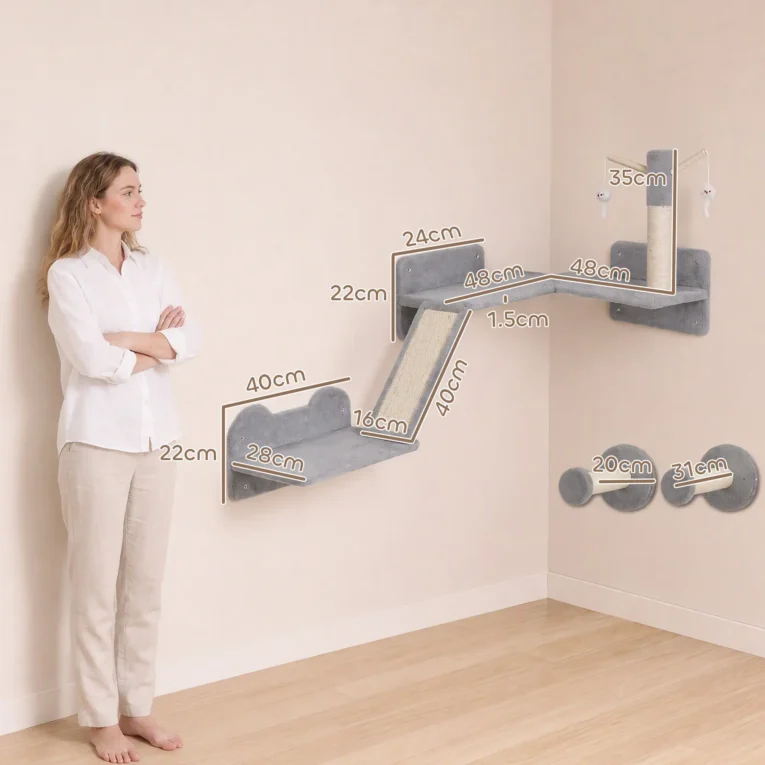 Three-Piece Cat Wall Climbing Set with Perches – Light Grey
