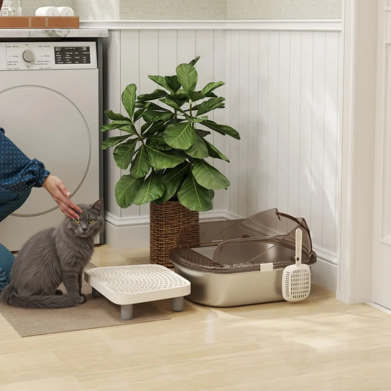 High-Sided Steel Cat Litter Tray with Step – Charcoal, 52cm