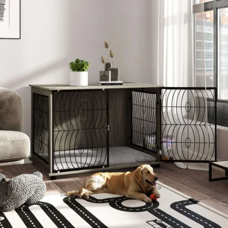 XL Dog Crate End Table with Cushion &ndash; Grey Wood Effect, 118cm &ndash; detail 2