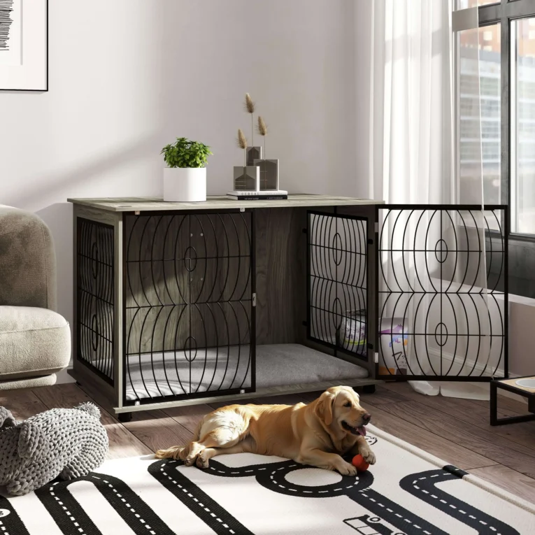 XL Dog Crate End Table with Cushion – Grey Wood Effect, 118cm