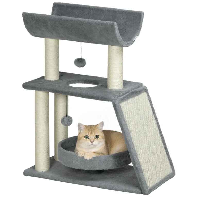 Compact Cat Tower with Scratching Ramp and Curved Perch – Grey, 76cm