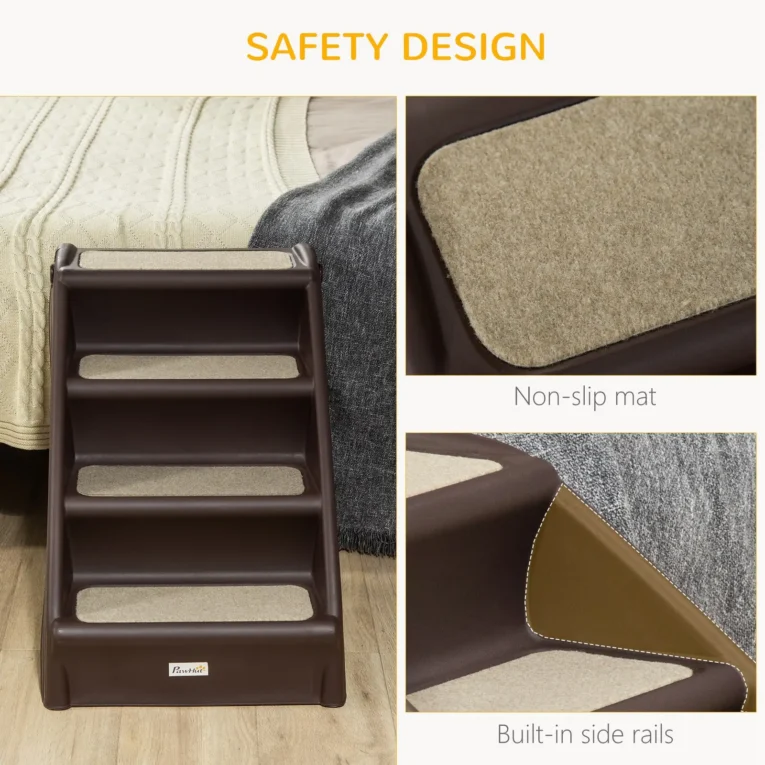 Folding Four-Step Pet Stairs – Dark Brown, 49.5cm