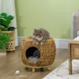 Raised Wicker Cat Den with Washable Cushion – Light Brown