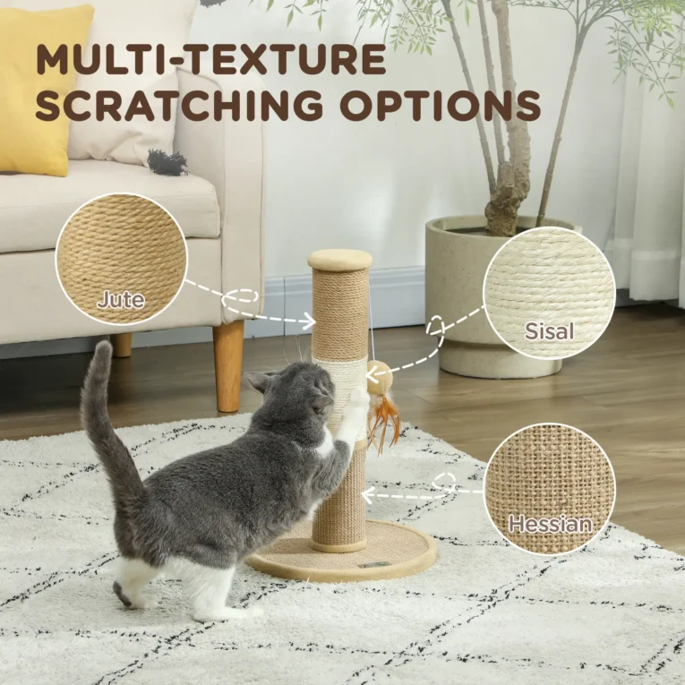 Multi-Texture Cat Scratching Post with Hanging Toys – Brown, 47cm