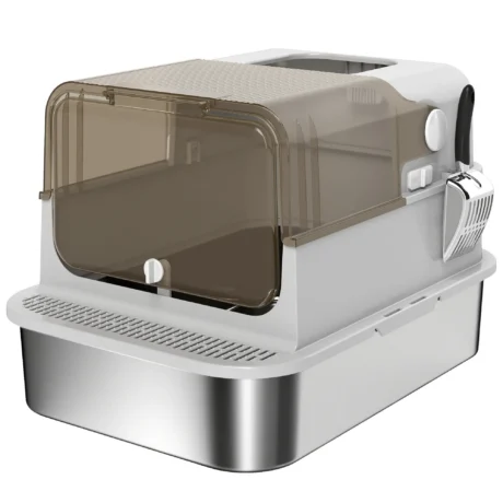 XXL Enclosed Steel Cat Litter Box with Dual Entry &ndash; Grey, 70cm