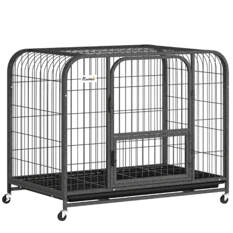 Steel Dog Crate with Feeding Door, Opening Top and Wheels &ndash; Black