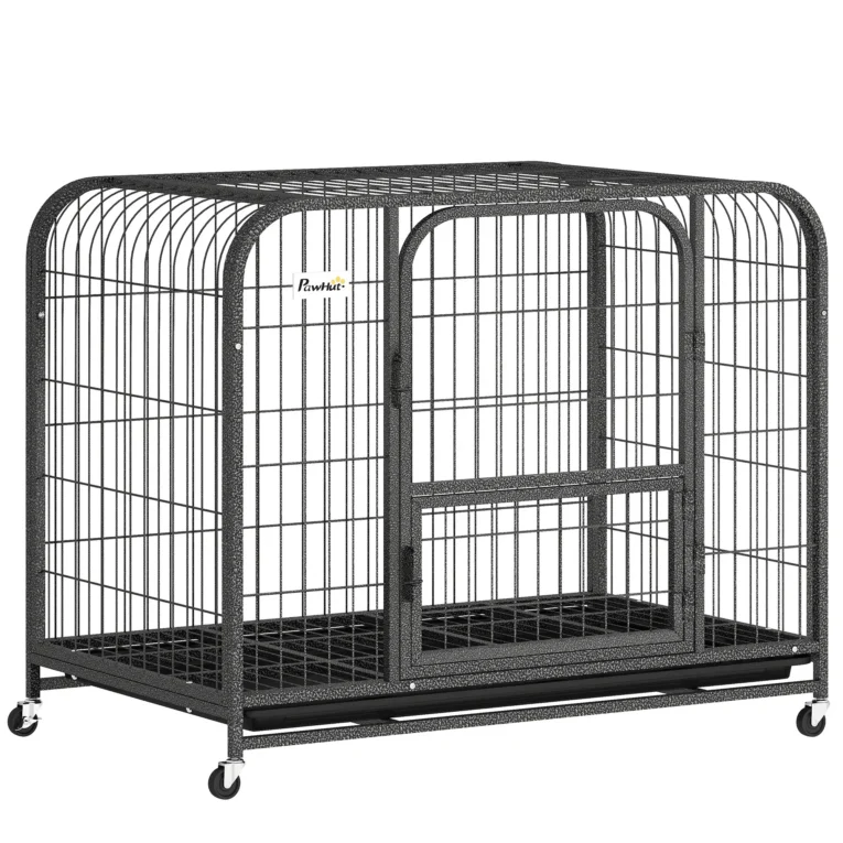 Steel Dog Crate with Feeding Door, Opening Top and Wheels – Black Steel Dog Crate with Feeding Door, Opening Top and Wheels – Black