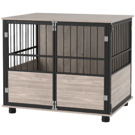 Three-Door Furniture Dog Crate with Cushion – Walnut, 80cm