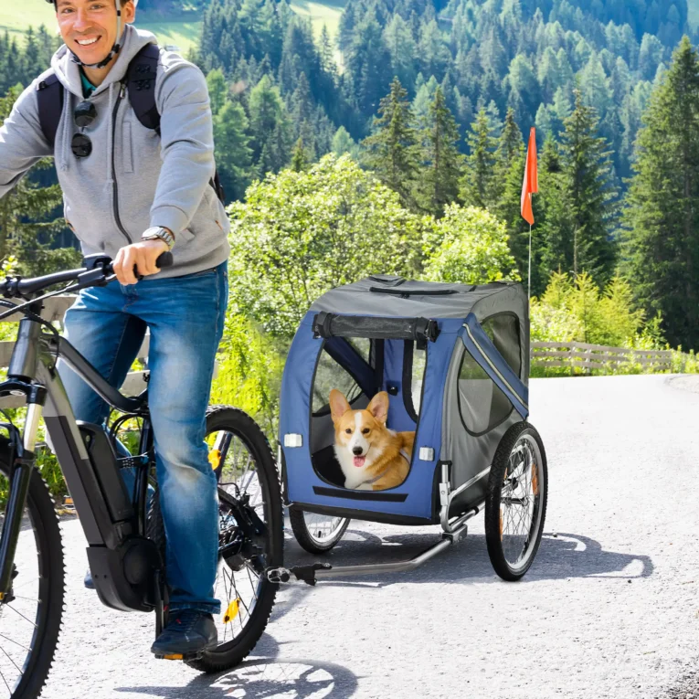 Folding Dog Bike Trailer with Hitch Coupler – Blue and Grey Folding Dog Bike Trailer with Hitch Coupler – Blue and Grey
