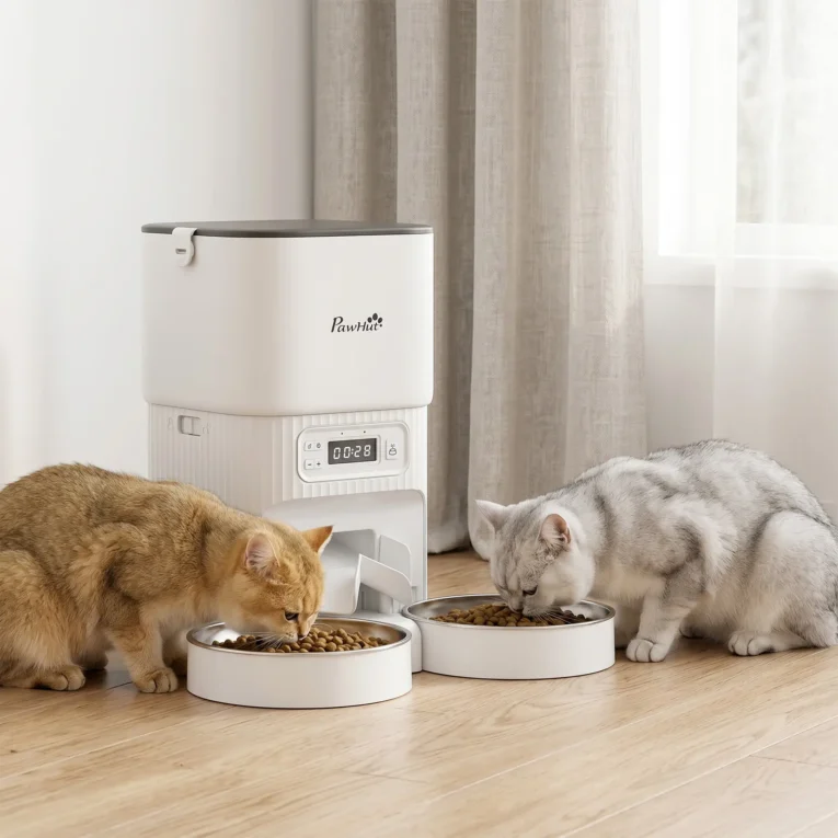 Automatic Cat Feeder Stainless Steel Bowls Pet Food – White, Black Transparent