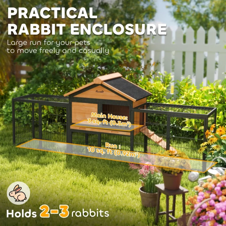 Wooden Rabbit Hutch with Side Run and Tray – Natural, 217cm Wooden Rabbit Hutch with Side Run and Tray – Natural, 217cm