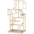 Wooden Bird Play Stand with Ladders and Bowls – Natural, 95cm
