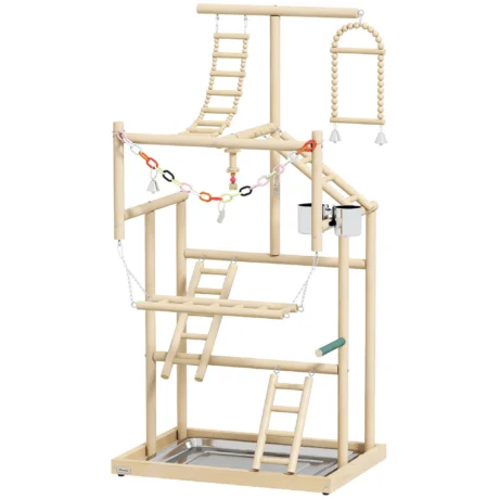 Wooden Bird Play Stand with Ladders and Bowls &ndash; Natural, 95cm