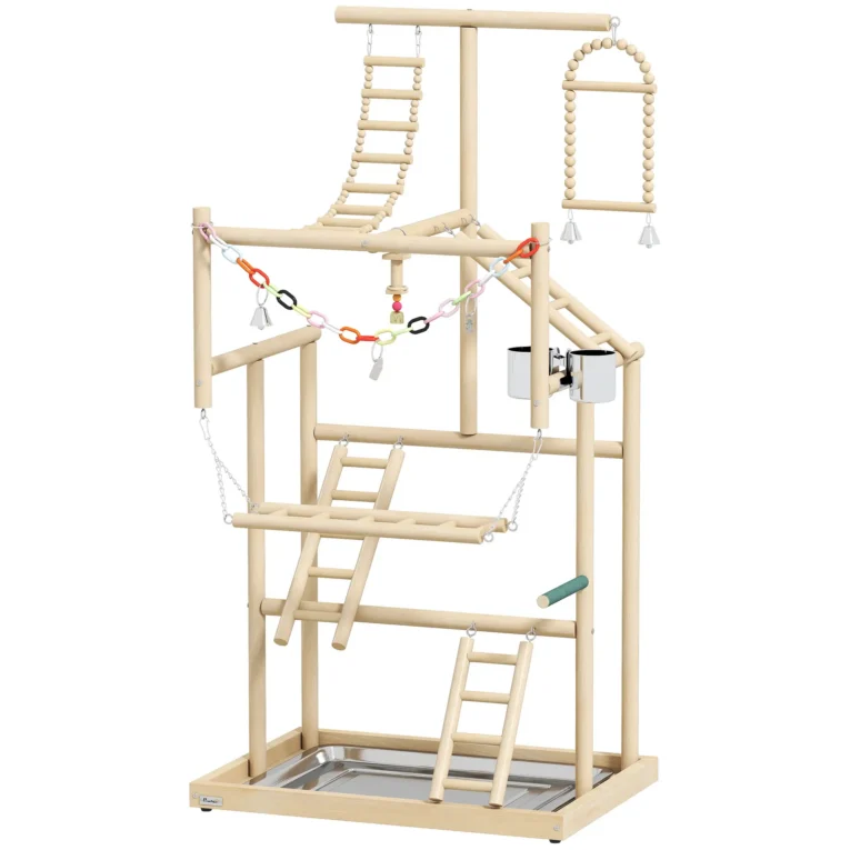 Wooden Bird Play Stand with Ladders and Bowls – Natural, 95cm Wooden Bird Play Stand with Ladders and Bowls – Natural, 95cm