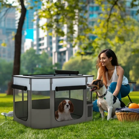 Folding Fabric Pet Playpen – Grey and Blue