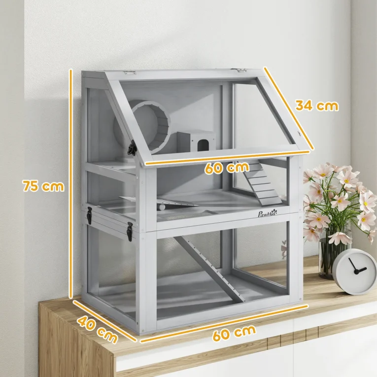 Wooden Hamster Cage with Deep Base and Accessories – Light Grey