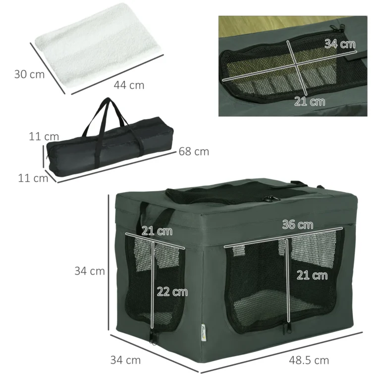 Pet Carrier with Cushion for Mini Dogs 48.5cm – Grey and black