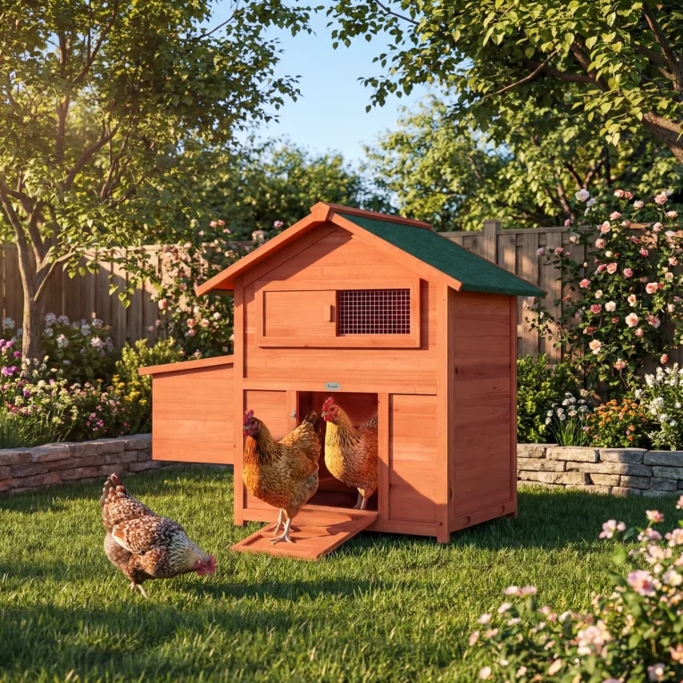 Raised Wooden Hen House with Nest Box and Perches – Orange, 113.5cm