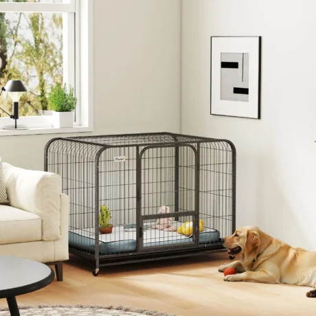 Large Steel Dog Crate with Wheels and Removable Tray – Black, 116cm