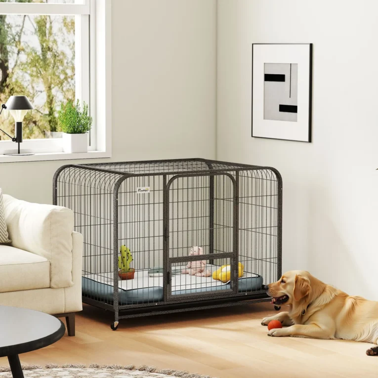 Large Steel Dog Crate with Wheels and Removable Tray – Black, 116cm Large Steel Dog Crate with Wheels and Removable Tray – Black, 116cm
