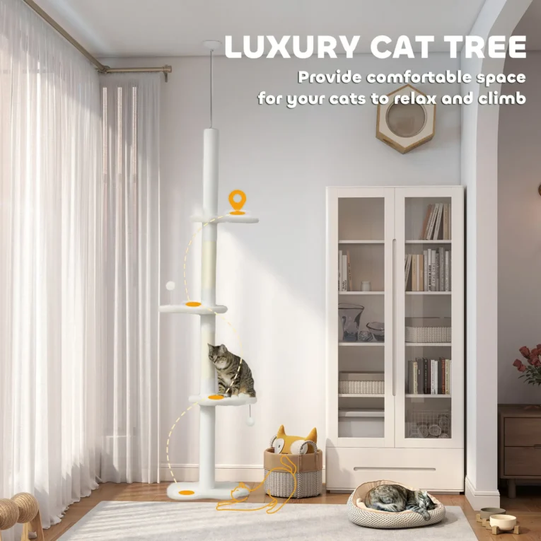 Cloud-Perch Floor-to-Ceiling Cat Tree – Beige, 225–255cm