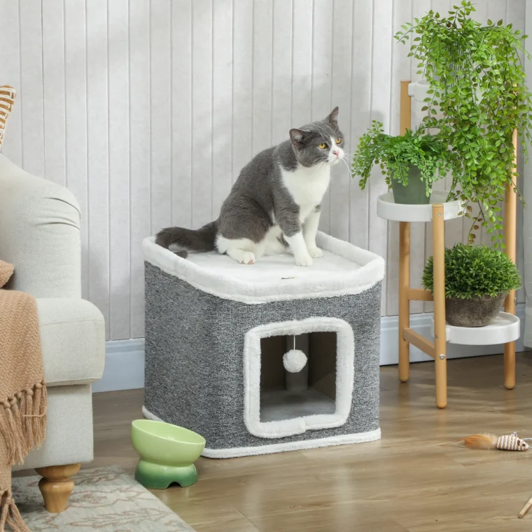 Two-Level Cat Hideaway with Top Bed and Toys – Grey, 41cm