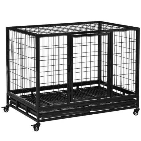 Wheeled Metal Dog Crate with Cleaning Tray – Black, 109cm
