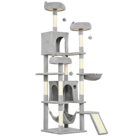 Tall Cat Tower with Three Beds and Two Hammocks &ndash; Light Grey, 192cm
