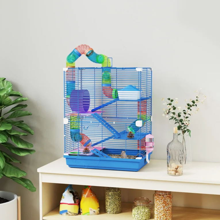 Five-Level Hamster Habitat with Side Tunnel – Blue, 46 × 30 × 58cm