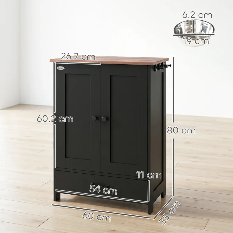 Dog Feeding Station with Storage Cabinet and Two Bowls – Black and Brown