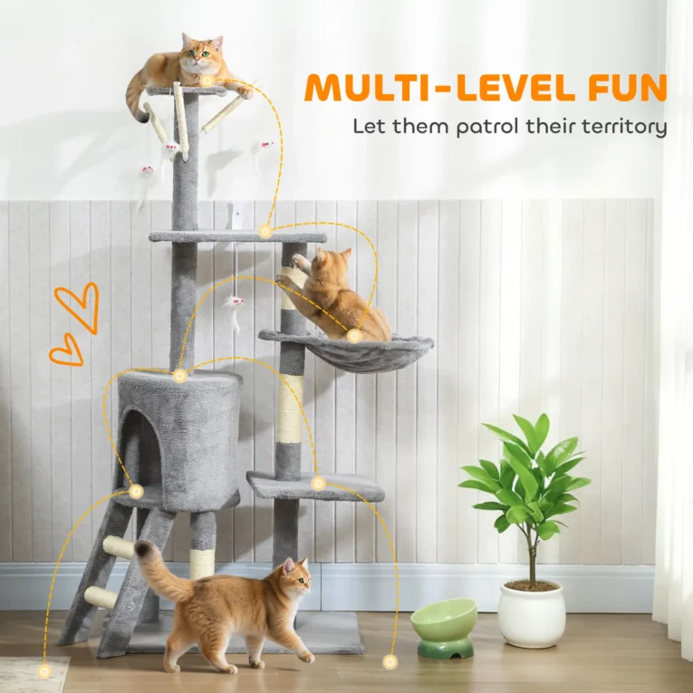 Multi-Level Cat Tower with Hammock and Ladder – Grey, 134cm Multi-Level Cat Tower with Hammock and Ladder – Grey, 134cm