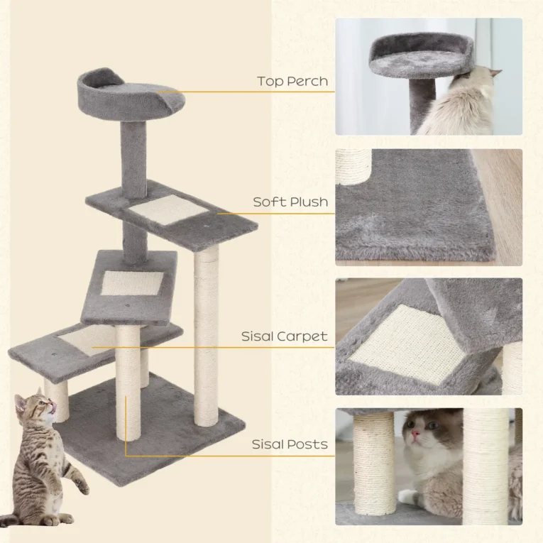 100cm Cat Tree with Three Perches and Sisal Posts – Grey and Beige 100cm Cat Tree with Three Perches and Sisal Posts – Grey and Beige