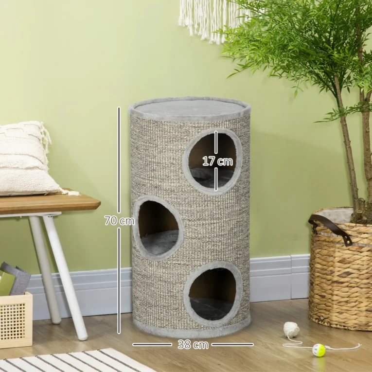70cm Cat Scratching Barrel with Connected Hideaways – Light Grey